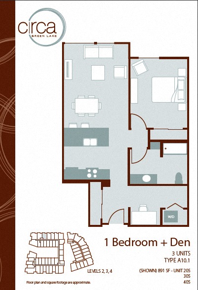 Floor plan layout diagram for 1 Bedroom 1 Bath + Den - A10.1